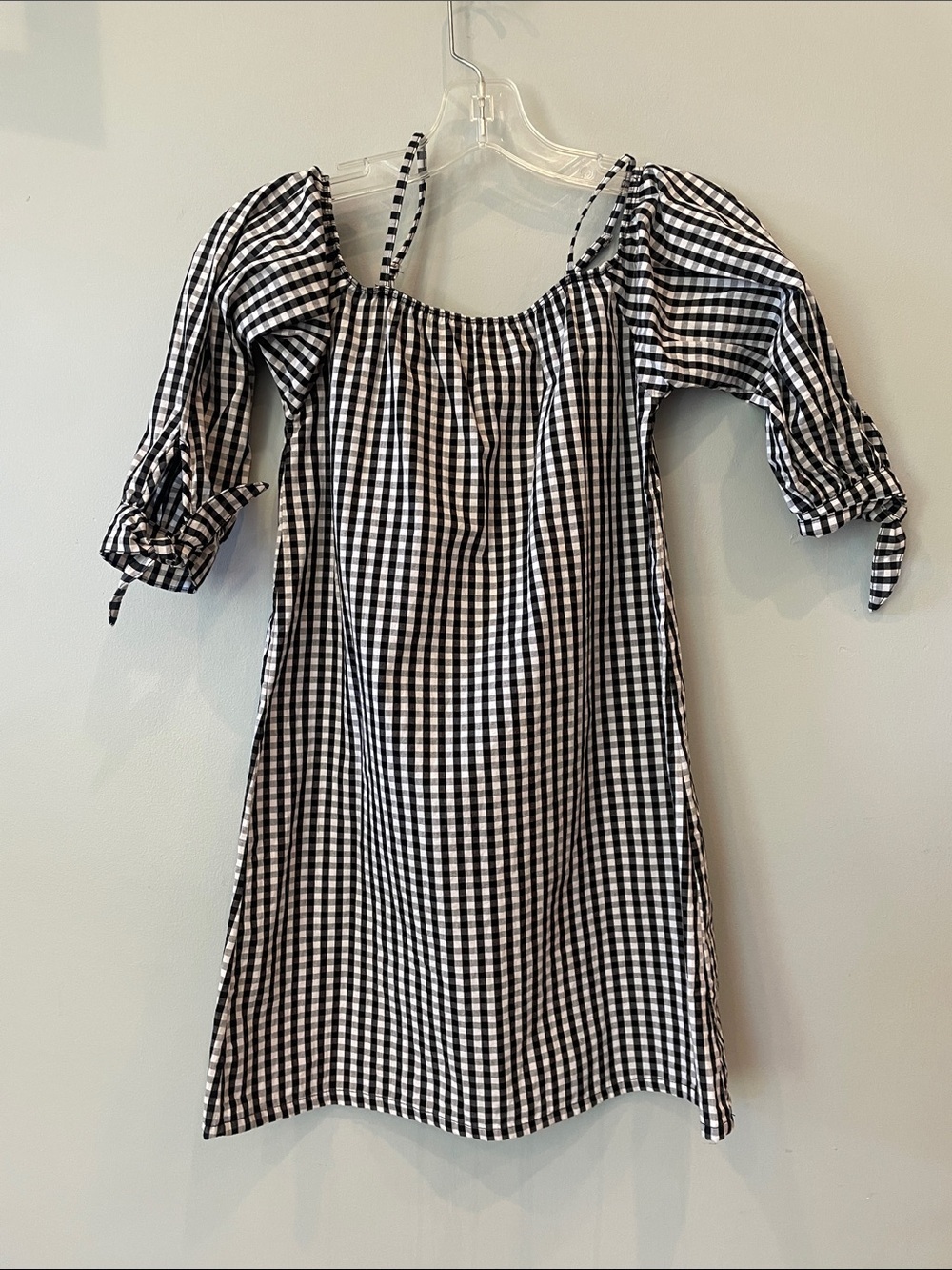 Black & White Gingham Kids Dress with Tie Sleeves